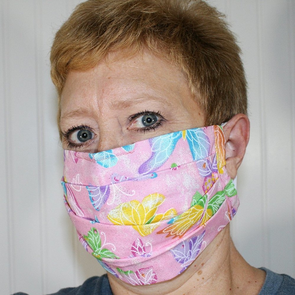 HAND CRAFTED Face Mask Pink Butterflies Adult Cloth Fabric Print - Pocket Style